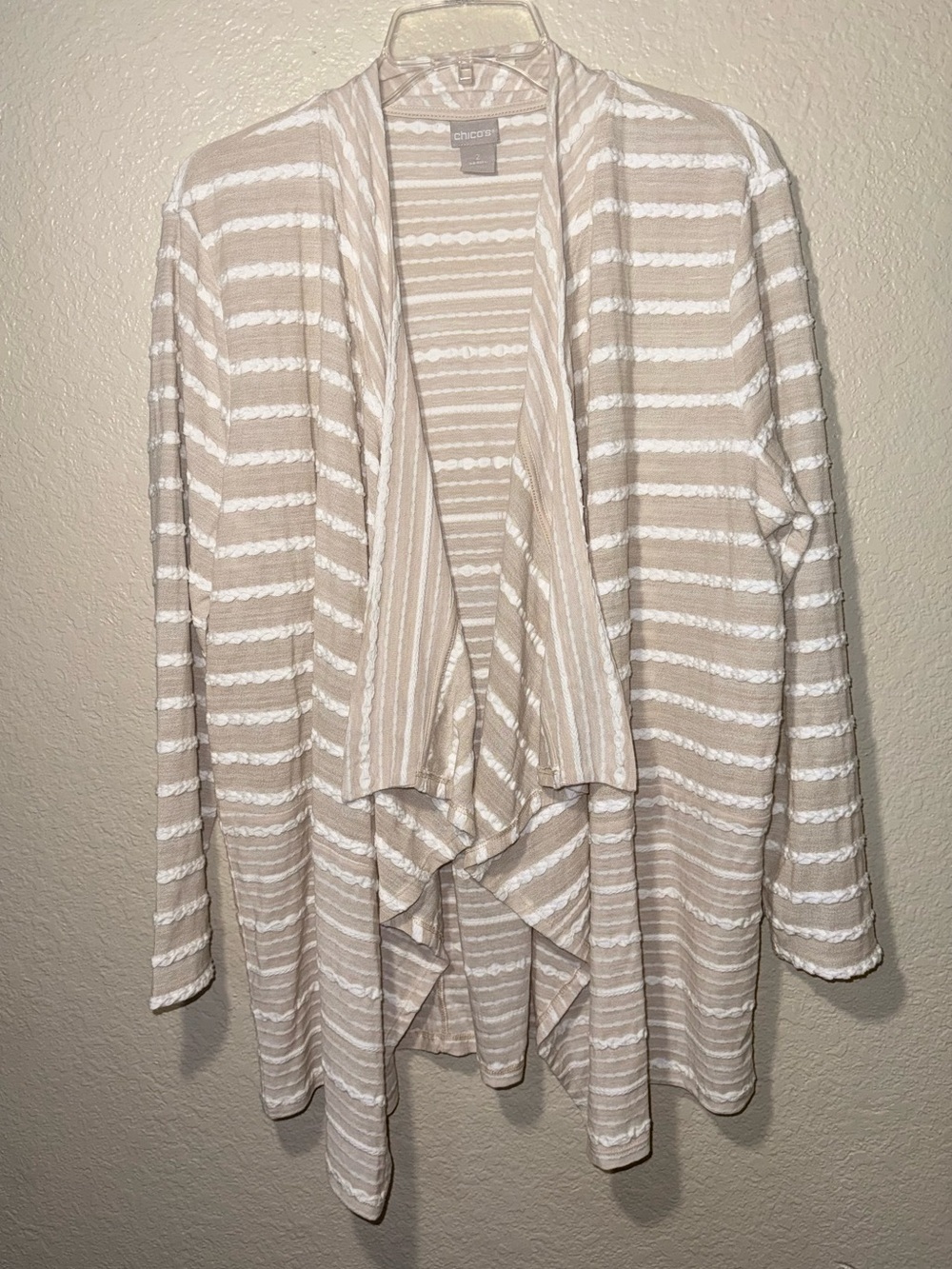 Chico’s Beige Coastal Boho Textured Stripe Drape Open Front Cardigan L
